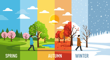 Visual representation of the four seasons showcasing the cyclical nature of time and environmental changes, ideal for educational and illustrative purposes. © vectorlion_
