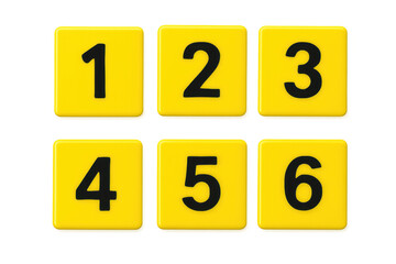 Yellow number tiles 1 to 6 on transparent background