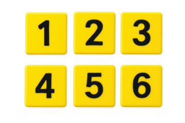 Yellow number tiles 1 to 6 on transparent background