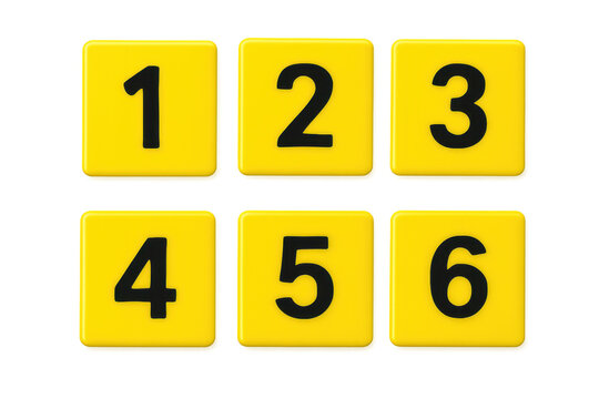 Yellow number tiles 1 to 6 on transparent background