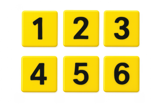 Yellow number tiles 1 to 6 on transparent background