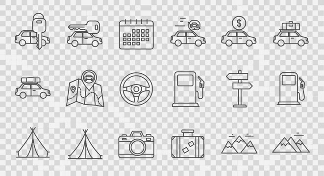 A collection of outline icons representing travel, including car rental, gas stations, maps, and camping equipment.