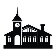 Train Station Vector Arched Roof and Clock Tower Silhouette 