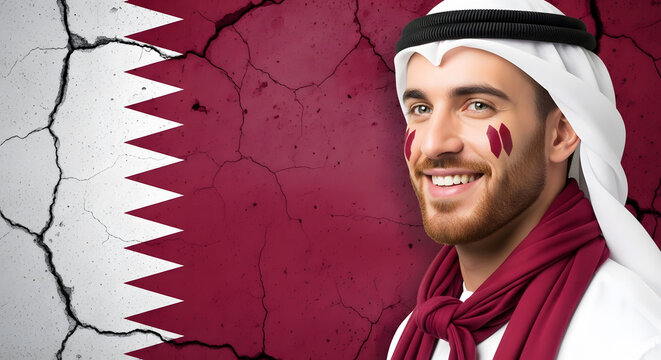 Smiling qatar fan with flag painted on face against cracked wall background