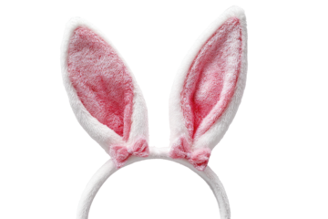 Close-up studio shot of a white headband with plush rabbit ears, pink inside, and tiny bows