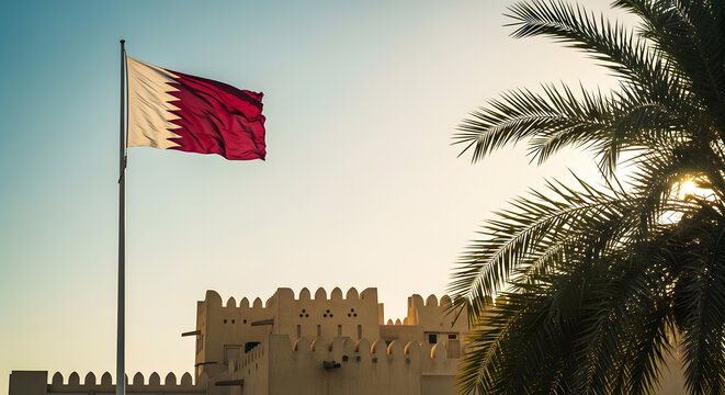 Qatar flag waving proudly in the wind against a clear blue sky backdrop