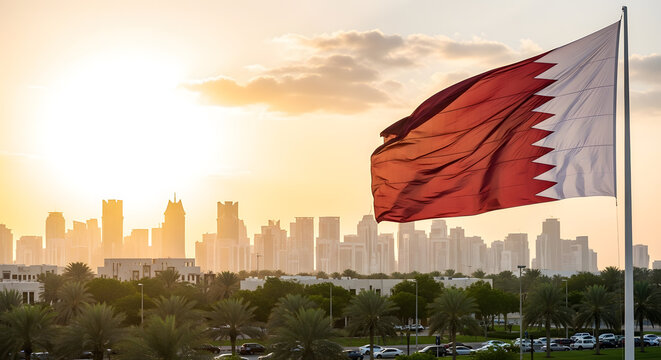 Qatar flag waving proudly against the doha skyline at sunset, qatar