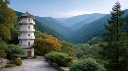 Serene White Pagoda Overlooking Verdant Mountain Valley Under A Clear Blue Sky With Lush Green Trees And A Stone Pathway In The Foreground