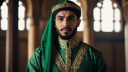 Handsome Muslim man in green themed ornate garment on a historical background