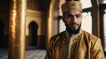 Naklejka premium Handsome Muslim man in gold themed ornate garment on a historical background