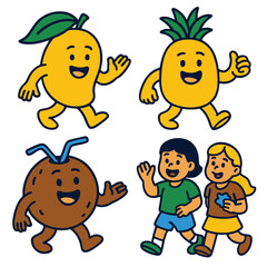 Cheerful mango, pineapple, coconut characters and two happy children walking together