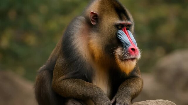 Close-up video frame of a mandrill with vibrant facial colors, shot at eye level, highlighting its expressive features against a blurred natural background. Live desktop wallpaper.
