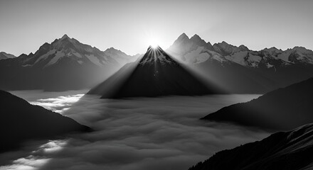 Monochrome mountain range piercing through cloud cover during sunrise or sunset