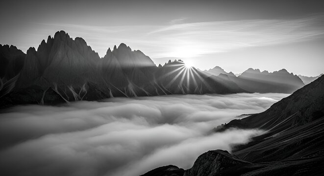 Monochromatic Mountains Sunrise Over Cloud Inversion Scenery Black and White