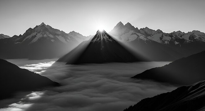 Monochrome mountain range piercing through cloud cover during sunrise or sunset