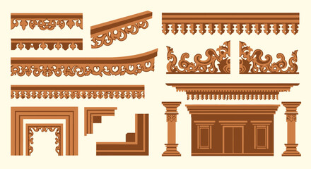 Collection of traditional carved wooden architectural elements and decorative patterns.