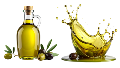 Bottle of olive oil with green olives collection isolated on transparent background