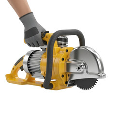 Fototapeta premium Person holding yellow power saw with gray glove isolated illustration on transparent background
