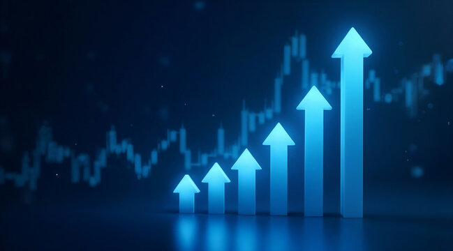 Blue financial chart with upward arrows representing business success, economic growth, stock market gain, financial progress and positive investment results