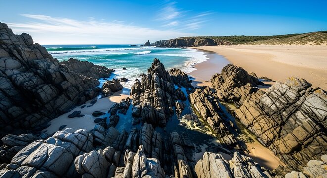 Dramatic rocky coastline meets sandy beach under a vibrant blue sky landscape