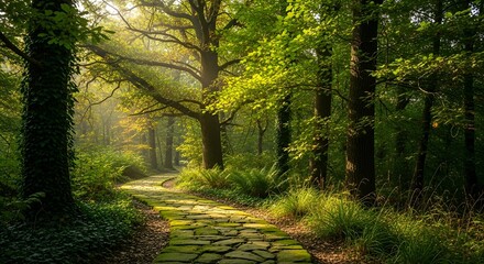 Enchanting forest path bathed in soft sunlight, inviting exploration and serenity
