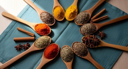 Assortment of colorful spices in wooden spoons arranged in a circular pattern