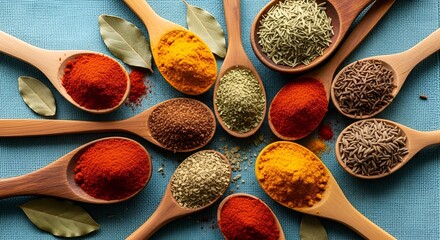 Variety of colorful spices in wooden spoons arranged on a blue background