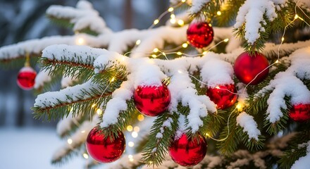 Festive winter scene of a snow-covered Christmas tree with red ornaments