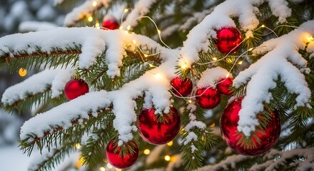 Festive christmas tree adorned with snow, red ornaments, and sparkling lights