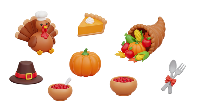 A Thanksgiving-themed image featuring a turkey, pumpkin, cornucopia, and other autumn-related items.