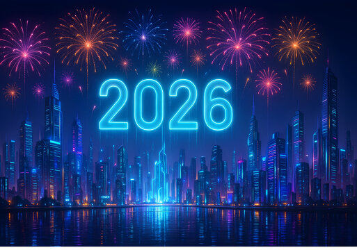 Cyberpunk 2026: Neon Fireworks and Futuristic City Skyline