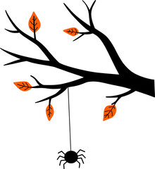 Halloween Illustrations, Autumn Trees and Hanging Spider