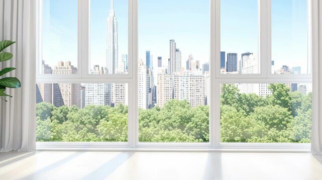 Cityscape View from Modern Window: A bright and airy interior reveals a stunning cityscape through large, modern windows. Lush greenery of a nearby park complements the urban skyline.