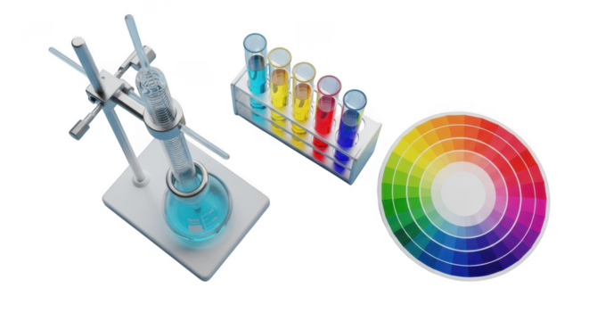Science laboratory equipment including test tubes, color wheel, and apparatus isolated on transparent background - Powered by Adobe