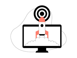 Computer screen is displaying a rocket heading towards its destination. Business leadership illustration. Flat vector illustration.
