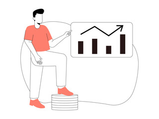 Male office worker standing in front of a presentation about his ever increasing projects. Business leadership illustration. Flat vector illustration.