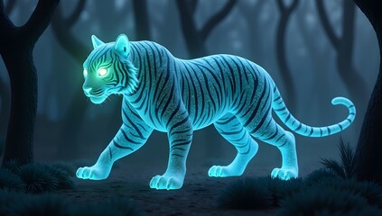 A luminous blue tiger with bright glowing eyes stands in a shadowy forest. The atmosphere is mysterious, enhanced by the dark surroundings.