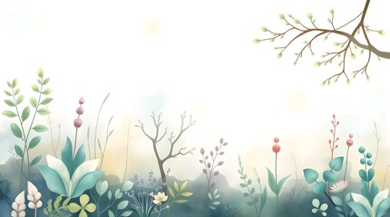 A serene garden scene features delicate plants and flowers muted against a light background. Sparse branches contrast with soft petals.