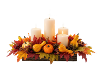 A festive autumn centerpiece with candles, gourds, and autumn leaves.