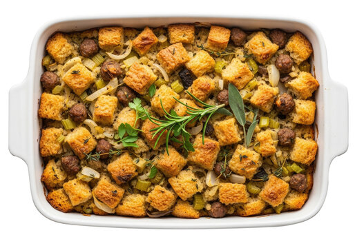 A savory, homemade stuffing with sausage and cornbread cubes in a white baking dish.