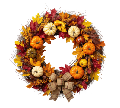 A colorful autumn wreath with pumpkins, gourds, and leaves.