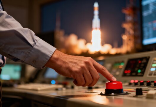 Close-up of a hand pressing the red launch button during a nighttime rocket liftoff.