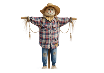 A scarecrow with a straw hat and plaid shirt, standing on a wooden pole with twigs and ropes.
