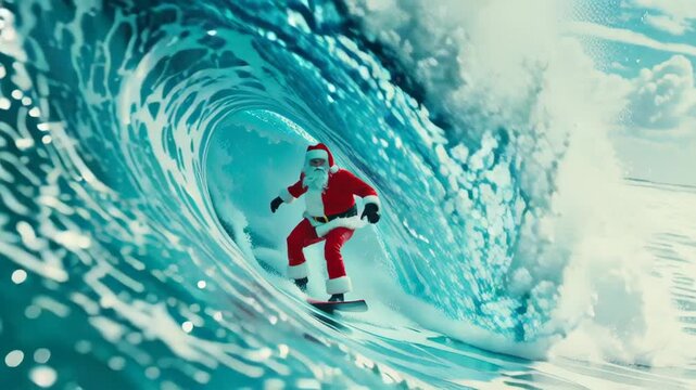 Santa's Surf Adventure: A festive scene where santa rides a giant wave on a surfboard, blending holiday cheer with thrilling aquatic action.
