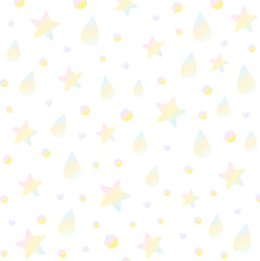 Soft Pastel Rainbow Pattern with Stars, Droplets, Hearts & Hexagons – Seamless pastel vector background with soft gradients. Ideal for wrapping paper, web, stationery, or cute design use.