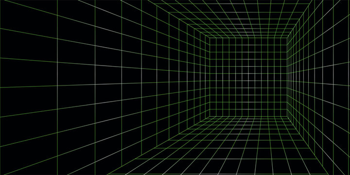 Abstract perspective grid tunnel with vanishing point, creating a sense of depth and dimension.