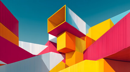 Fototapeta premium Geometric Symphony: An abstract composition bursts with vibrant colors and bold geometric shapes, creating a visually dynamic experience