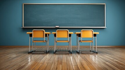 Empty classroom with desks and a chalkboard.