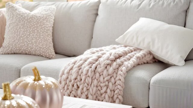 Cozy Living Room Scene: A welcoming living room scene exudes comfort, featuring a plush sofa adorned with soft pillows and a delicate blanket, alongside autumnal gourds, creating a warm.