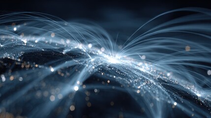 A network of light trails and particles against a dark background.